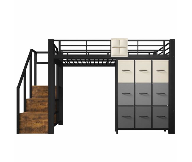 Beliche alto 140 x 200 cm - com gavetas, barra para roupa, grade de proteção, escada com espaço de arrumação, sem colchão - preto