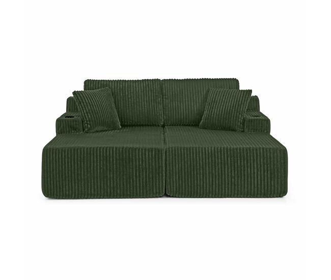 Sofá-cama relax de 2 lugares - tecido de cordão macio, bolso lateral para revistas, porta-copos e almofadas - verde