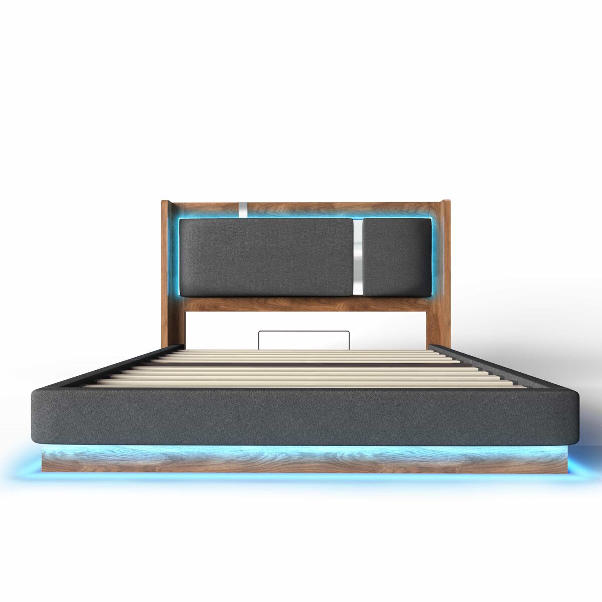 Cama de casal estofada 180x200 - com base de colchão, led e baú hidráulico - cinzenta e nogueira