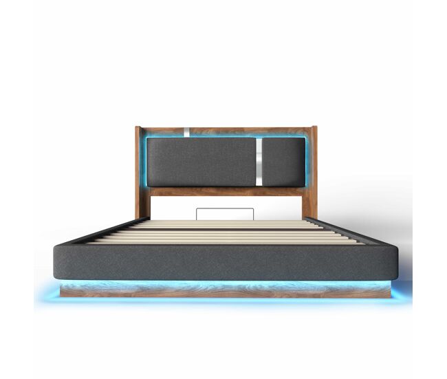 Cama de casal estofada 180x200 - com base de colchão, led e baú hidráulico - cinzenta e nogueira