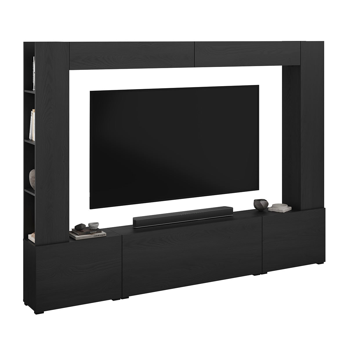 Móvel tv 5 portas 8 nichos 260 cm nala madeira preta