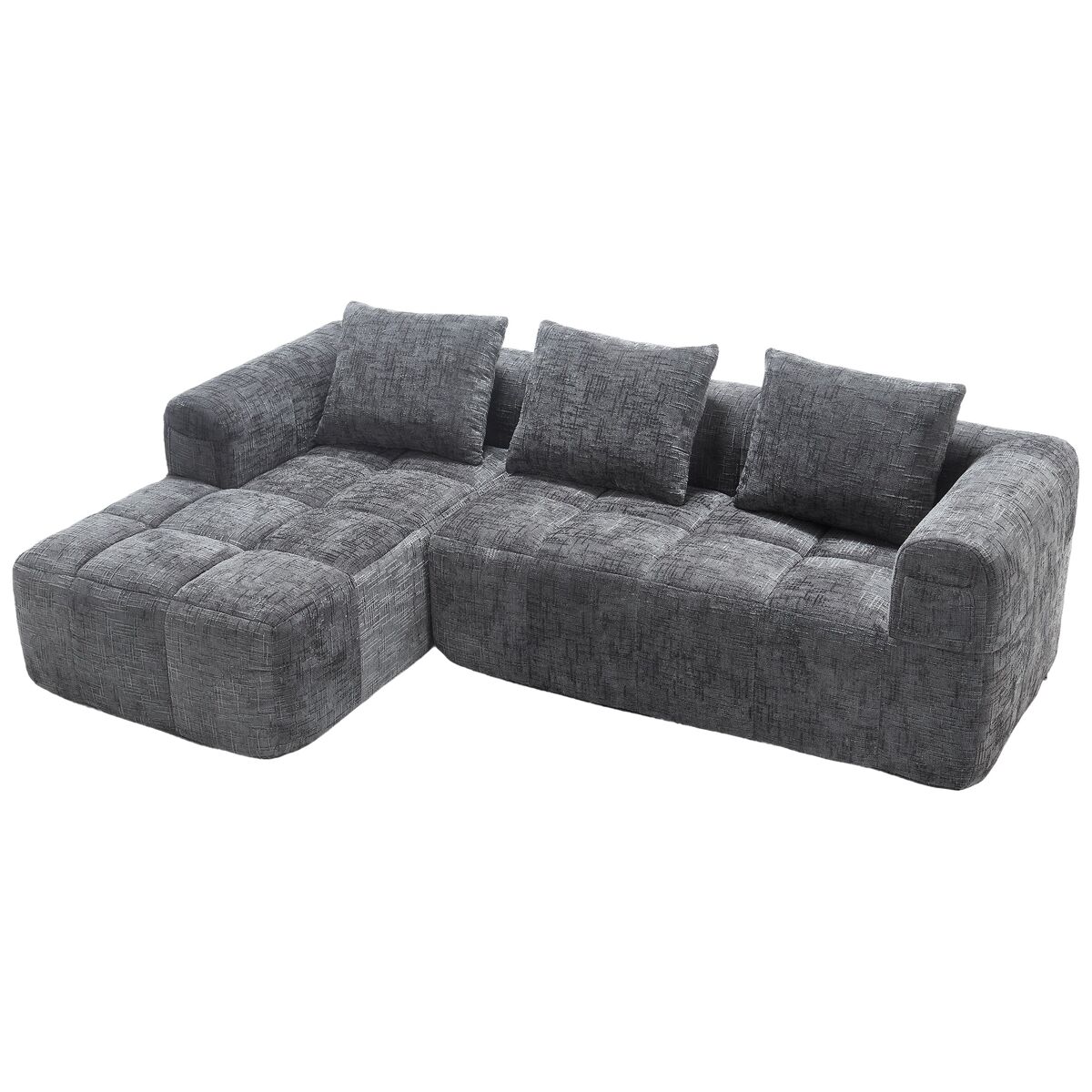 Sofá de canto modular em chenille com chaise longue e bolsos (infinitemomen)
