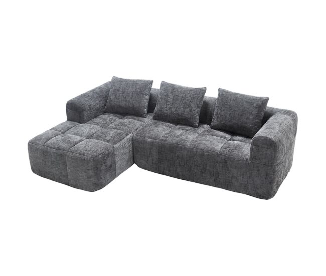 Sofá de canto modular em chenille com chaise longue e bolsos (infinitemomen)