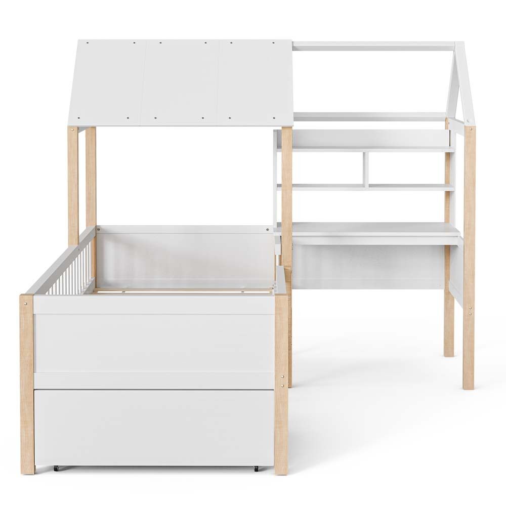 Cama infantil 90x200 cm - com proteção contra quedas, secretária em l, estante, gavetas com rodas - branco