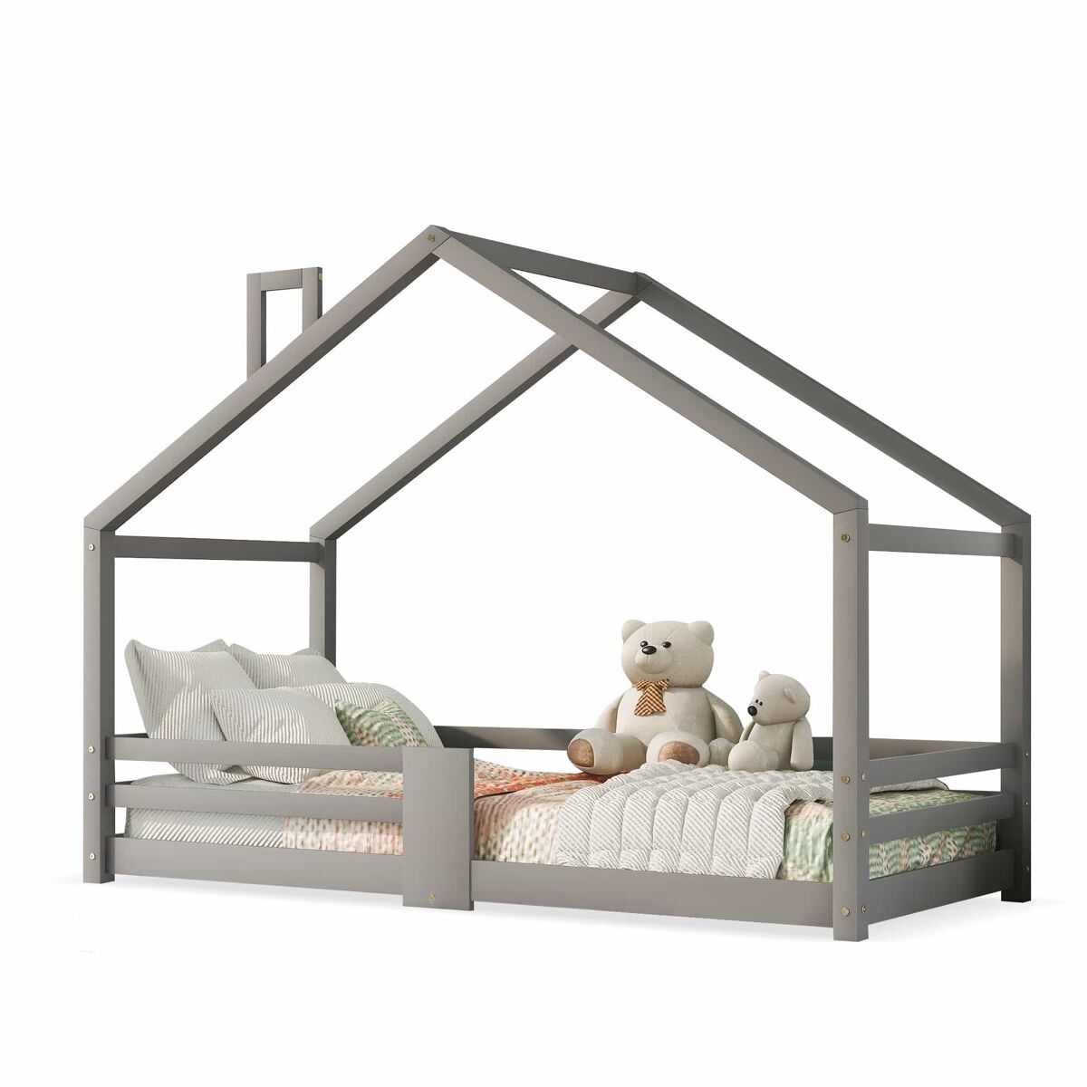 Cama de cabina com grelha de proteção - 90x200cm - madeira maciça - cinzento