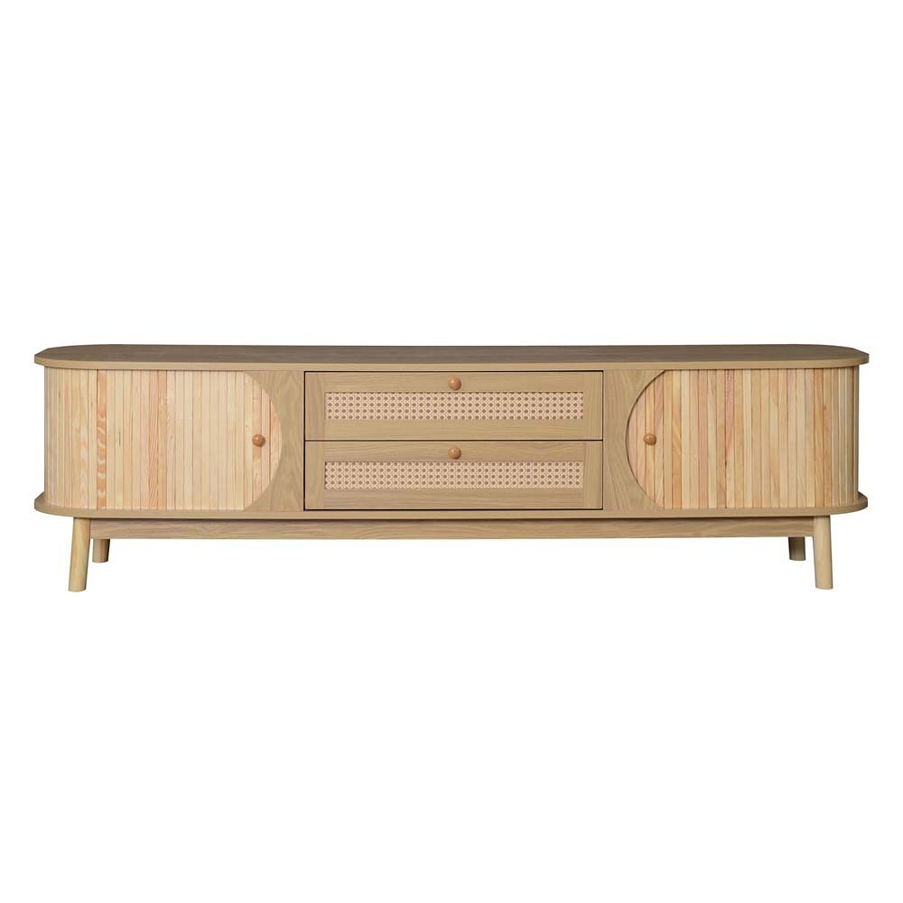 Móvel de tv – estilo rústico natural com portas e gavetas, com laterais em rattan - cor natural