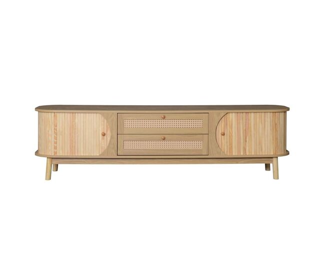 Móvel de tv – estilo rústico natural com portas e gavetas, com laterais em rattan - cor natural