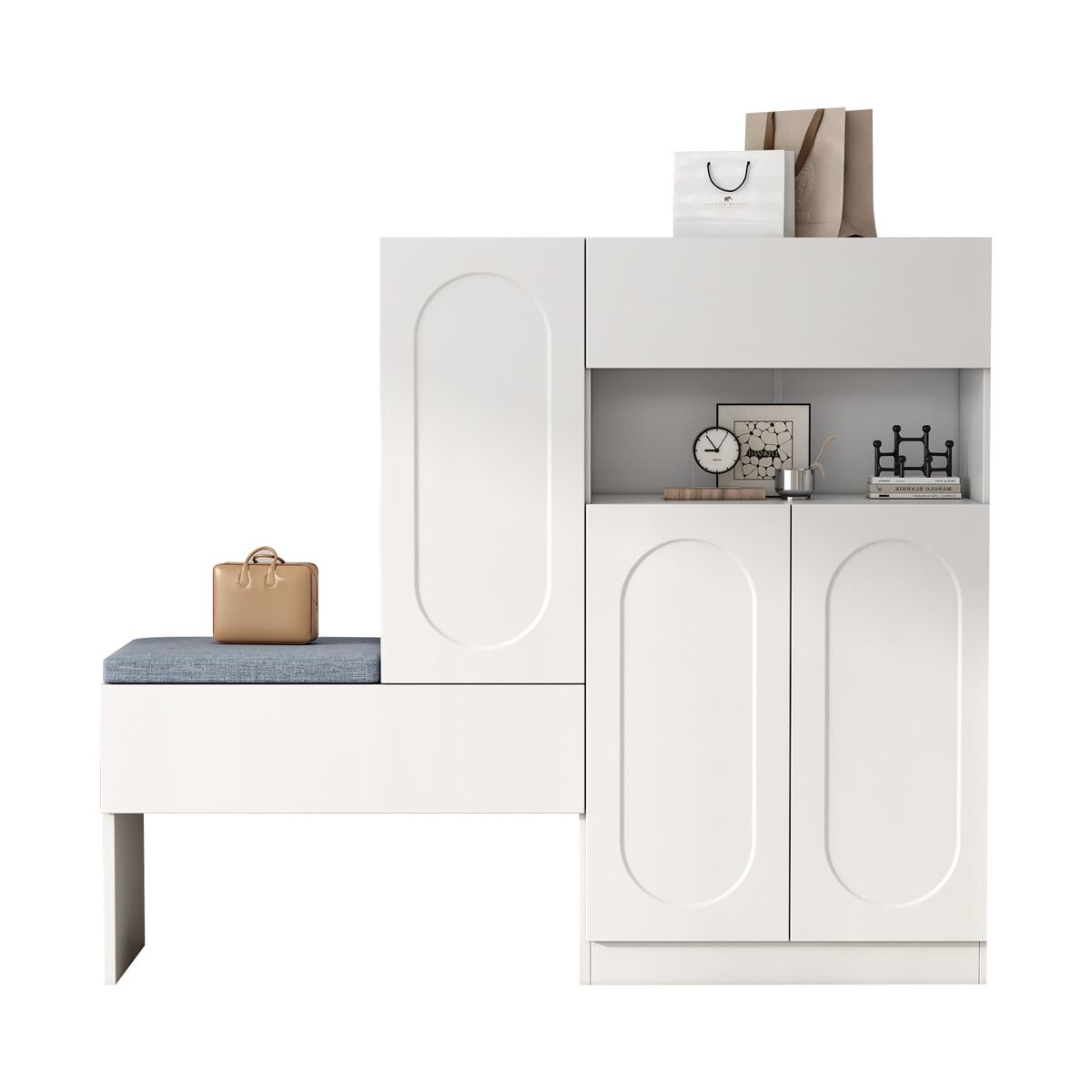 Sapateira 130x35x110 cm - 2 em 1 com portas curvas, soft-close, prateleiras ajustáveis, assento almofadado - branco