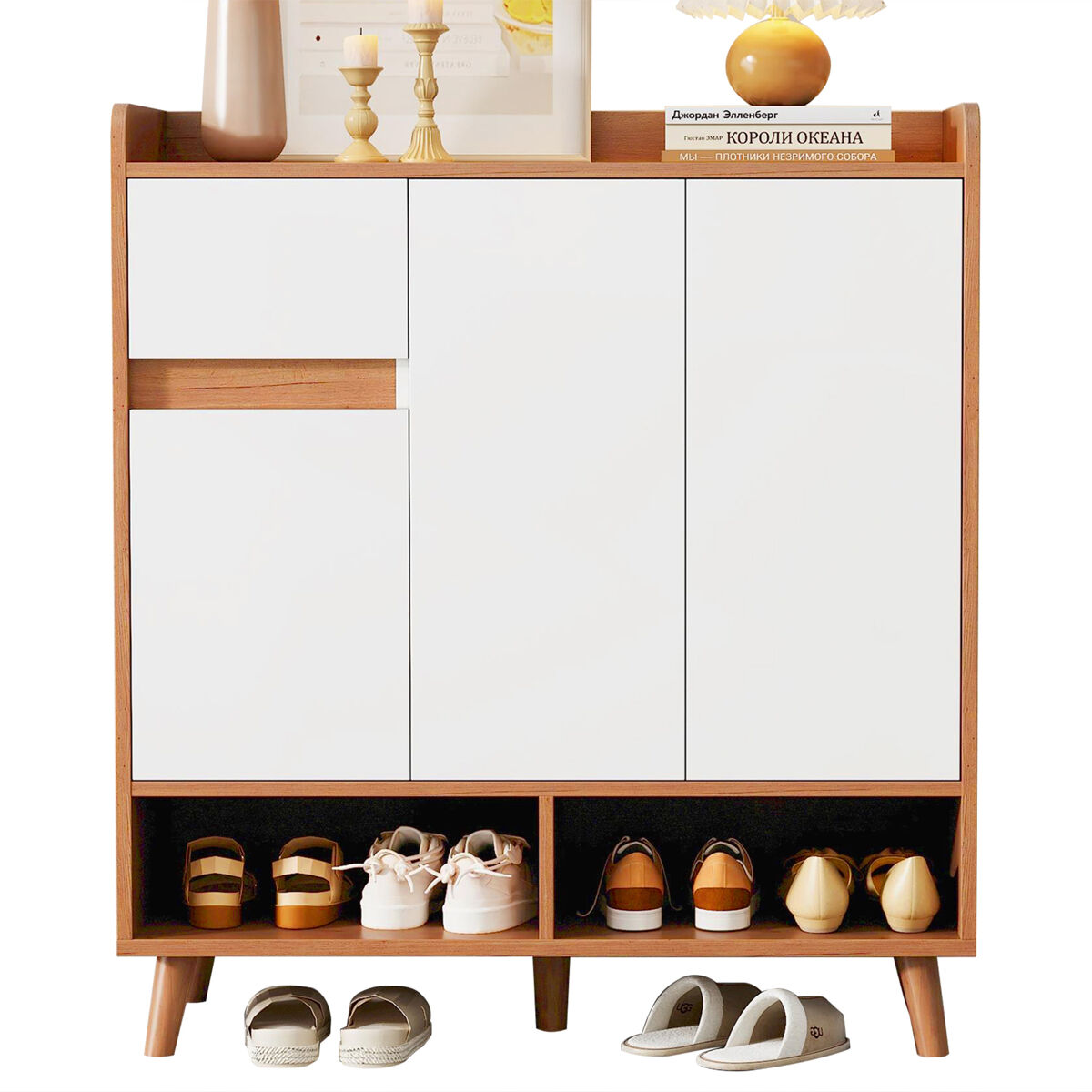 Sapateira com prateleiras ajustáveis - organizador minimalista com pés em madeira maciça - 99x90x35 cm - branco + natural