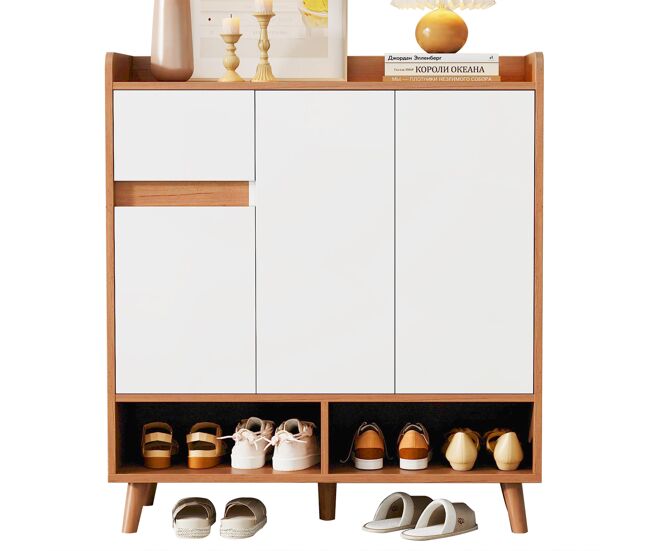 Sapateira com prateleiras ajustáveis - organizador minimalista com pés em madeira maciça - 99x90x35 cm - branco + natural