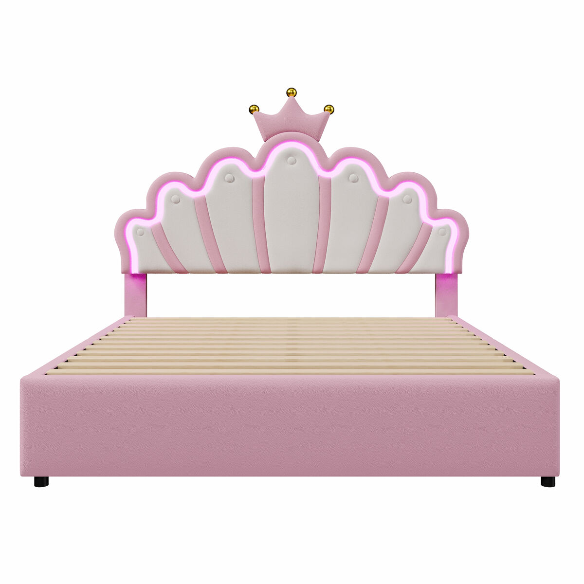 Cama de enfant estofada 140x200 cm - com led e 2 gavetas - rosa