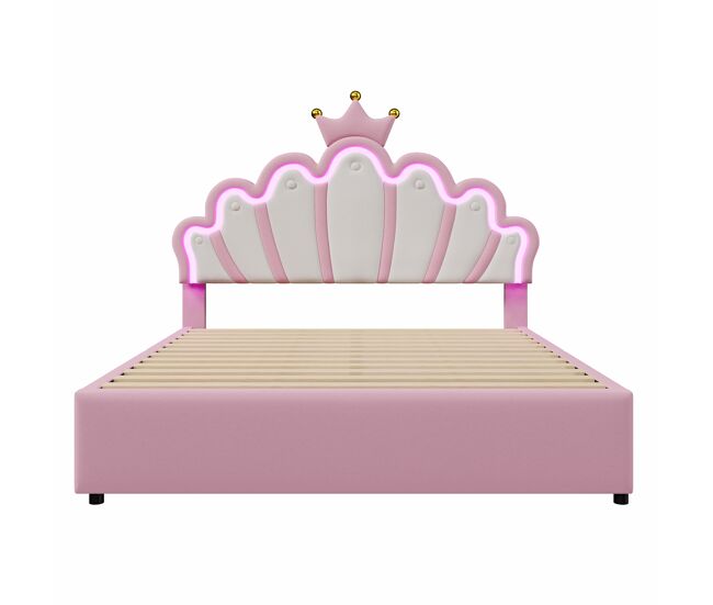 Cama de enfant estofada 140x200 cm - com led e 2 gavetas - rosa