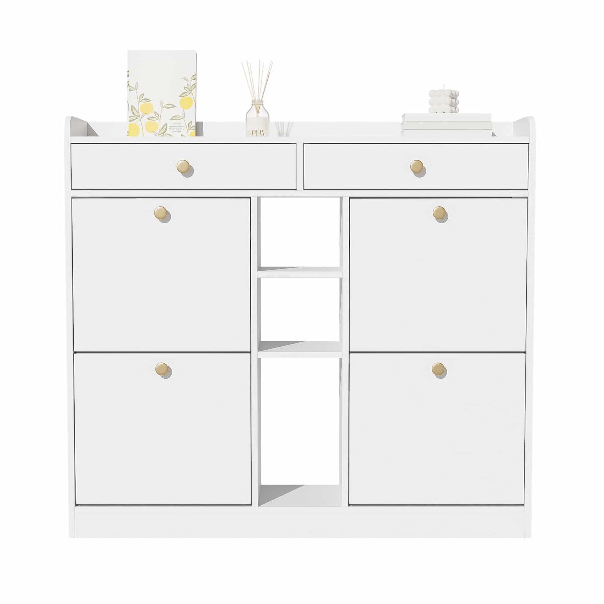 Armário para sapatos branco 110x26x100 cm - 4 portas, 2 gavetas, 3 compartimentos abertos