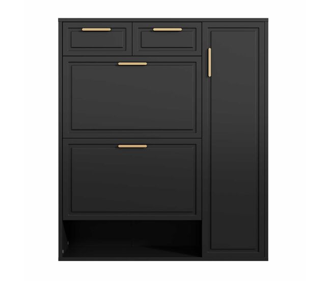 Sapateira moderna 95x24x107 cm - com prateleiras ajustáveis, puxadores dourados, gavetas e portas - preto