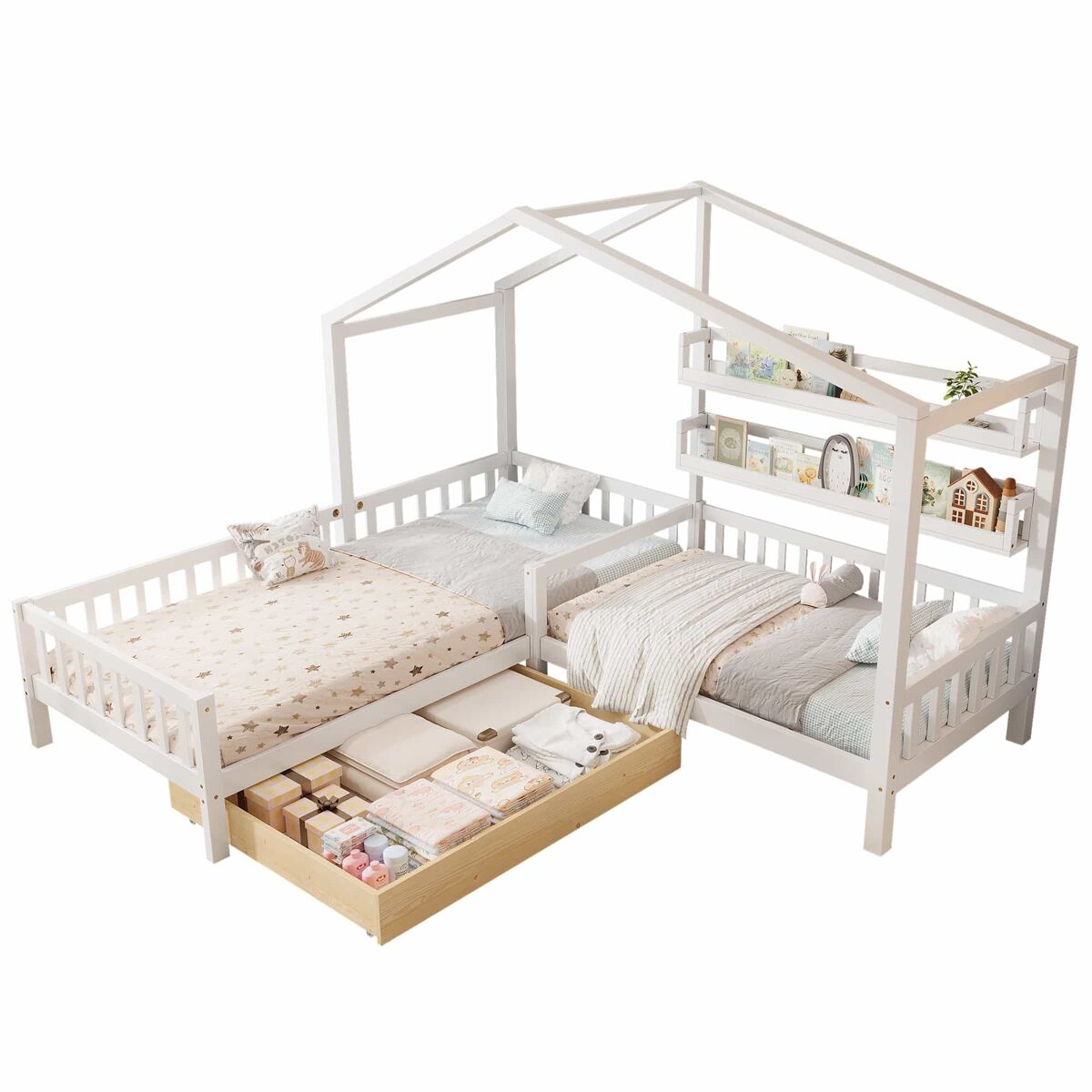 Cama de cabina 90x200cm + 140x70cm em madeira maciça - com gavetas e étagères + estrado - blanc