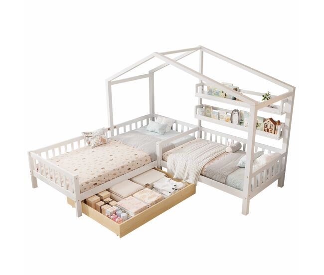 Cama de cabina 90x200cm + 140x70cm em madeira maciça - com gavetas e étagères + estrado - blanc