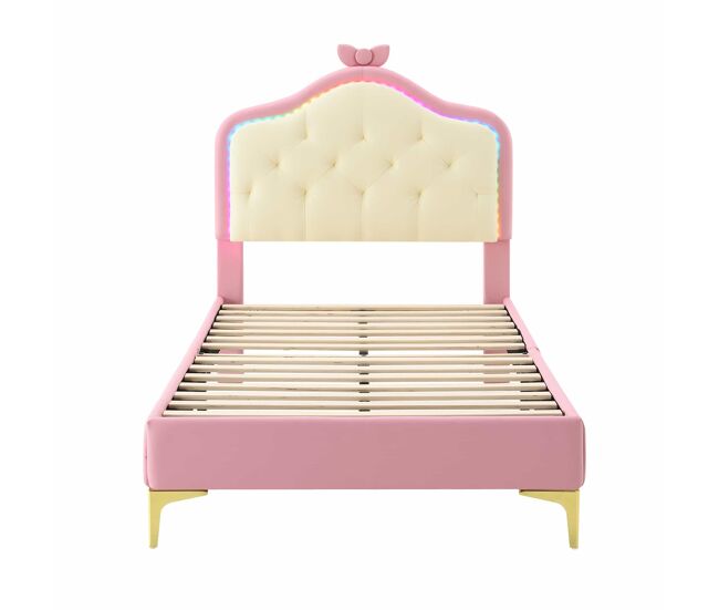 Cama de criança acolchoada com leds coloridos e laço na cabeceira - 90x200cm - com estrado de molas - rosa