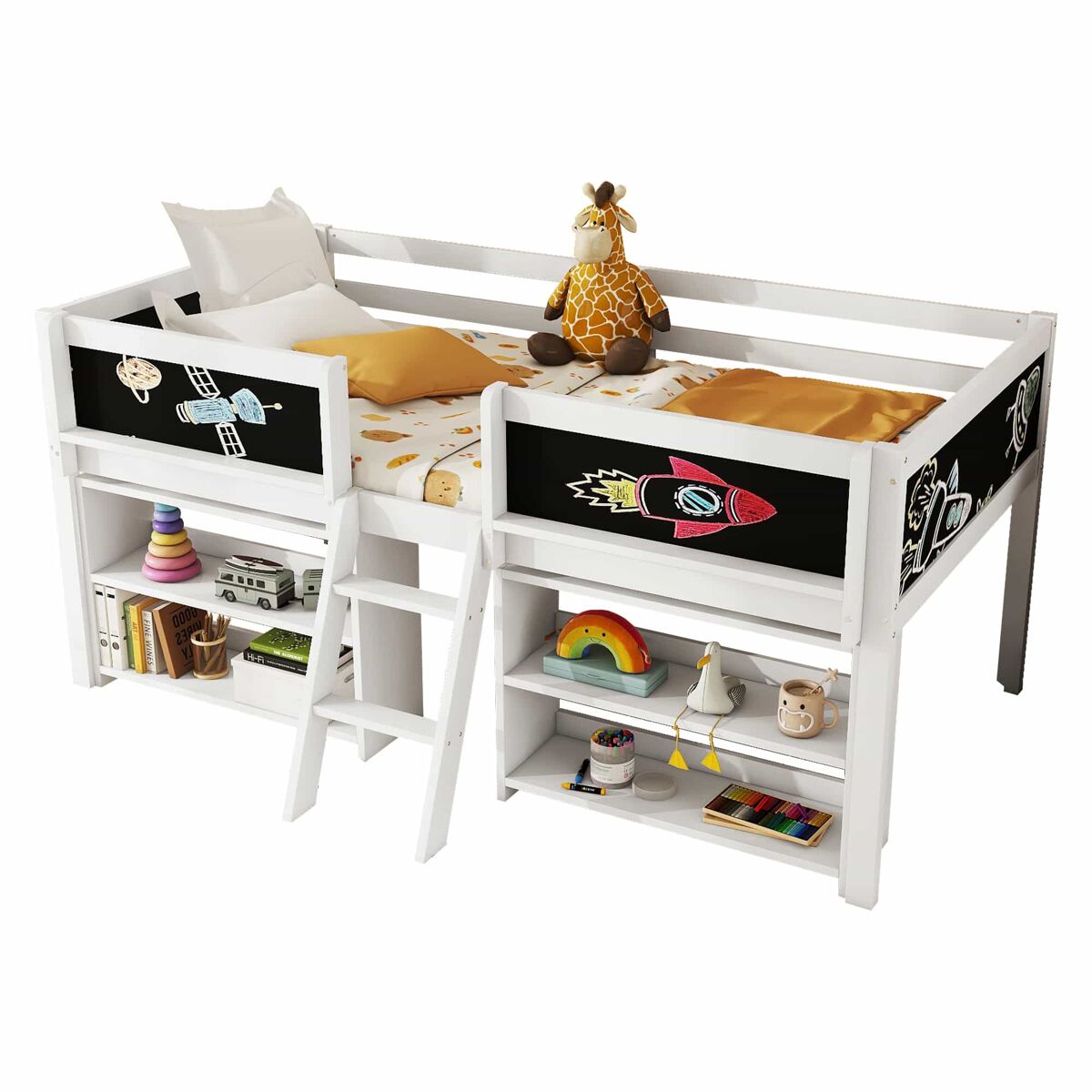 Cama de enfant 90x200cm em madeira maciça - várias étagères - blanc (colchão não incluído)
