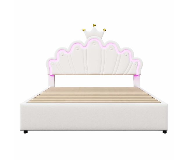Cama estofada 140x200 cm - luz led, 2 gavetas, cabeceira ajustável, coroa - branco