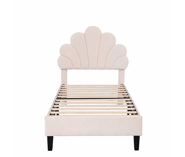 Cama individual estofada em veludo - 90x200cm - cabeceira em forma de flor - com estrado - bege