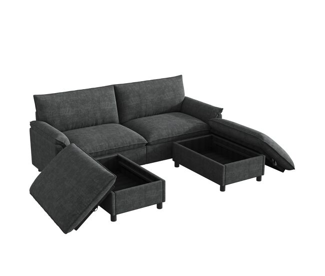 Sofá modular 4 lugares fixa panorâmico de tecido,cinza