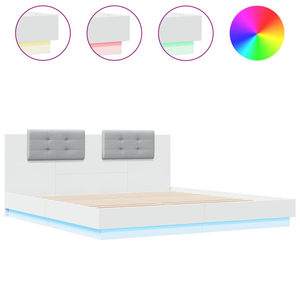 Estrutura de cama de casal para adultos com cabeceira e luzes led 160x200 cm branco