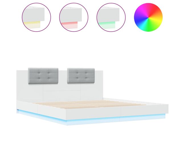 Estrutura de cama de casal para adultos com cabeceira e luzes led 160x200 cm branco