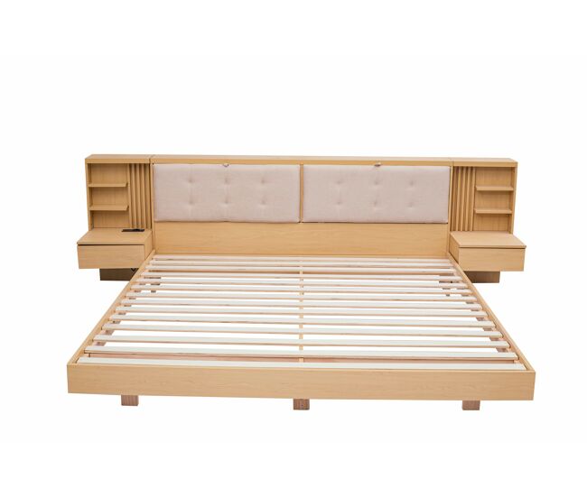 Cama flutuante 180x200 cm - com cabeceira com espaço de arrumação, porta usb, gavetas, prateleiras e estrutura estofada - natural