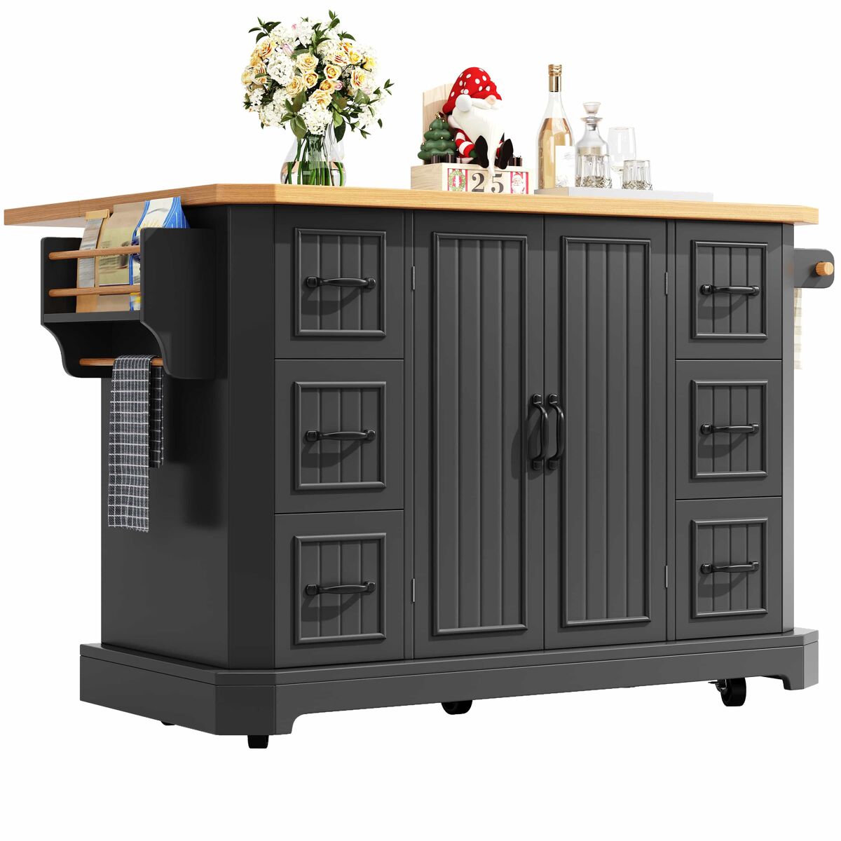 Ilha de cozinha móvel 120x45(75)x91 cm - com 2 portas e 6 gavetas - preto