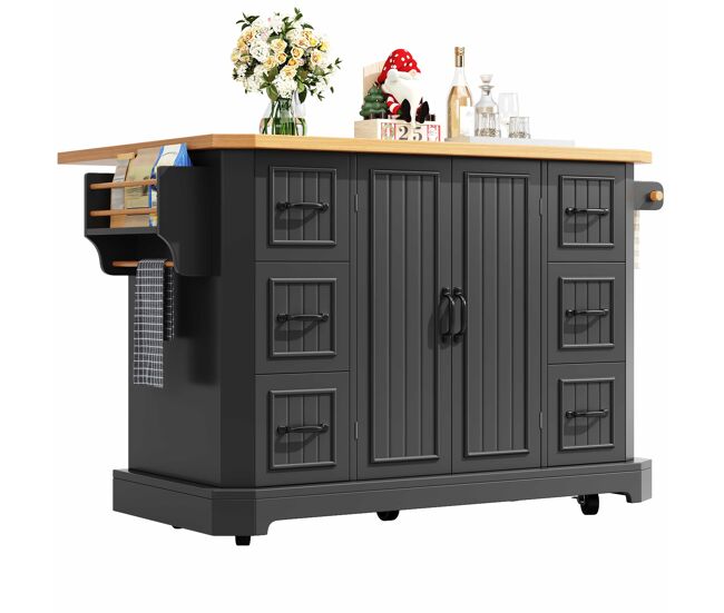 Ilha de cozinha móvel 120x45(75)x91 cm - com 2 portas e 6 gavetas - preto