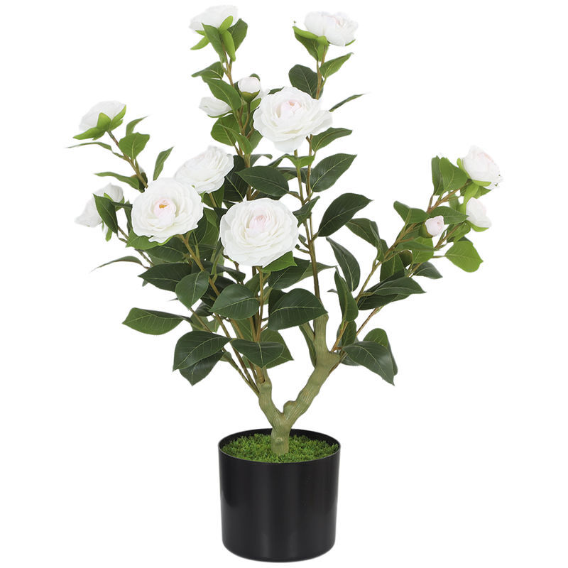 Homcom planta artificial de camélia 65 cm árvore artificial em vaso com flores de seda realistas 116 folhas e efeito de musgo para interior e exterior ø15x65 cm blanc