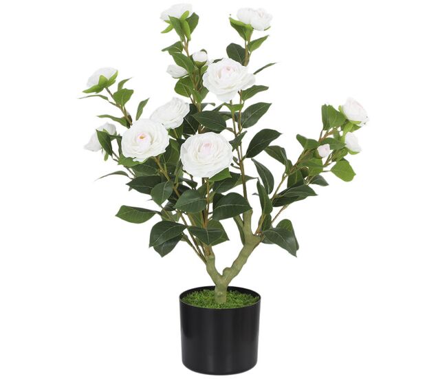 Homcom planta artificial de camélia 65 cm árvore artificial em vaso com flores de seda realistas 116 folhas e efeito de musgo para interior e exterior ø15x65 cm blanc