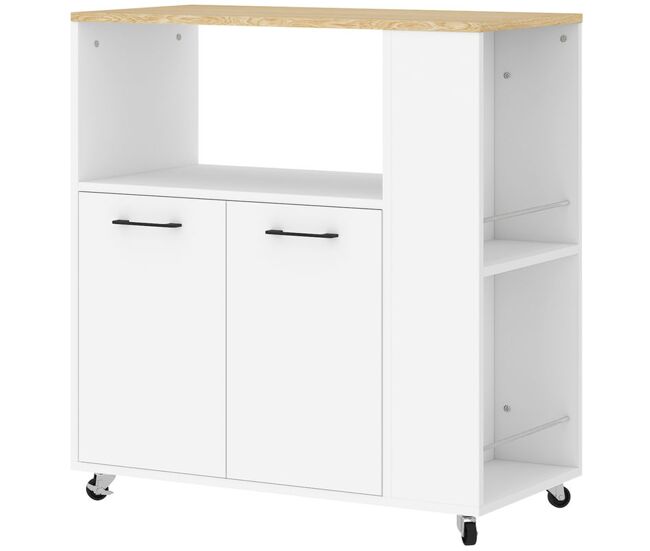 Homcom carrinho auxiliar com rodas carrinho de cozinha com 2 portas étagère ajustável porta-especiarias para sala de jantar 75x40x80,5 cm blanc