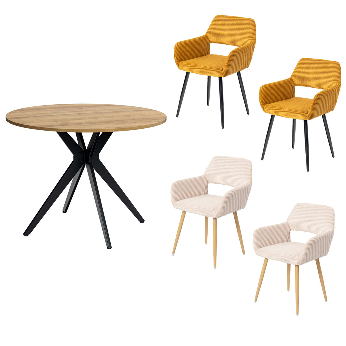 Meubles cosy conjunto mesa redonda mdf 100 cm e lote de 2 cadeiras em veludo cotelê, pernas de acier cruzadas, apoios de braços em arco, carvalho/bege/mostarda