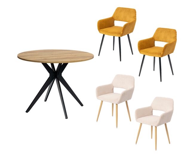 Meubles cosy conjunto mesa redonda mdf 100 cm e lote de 2 cadeiras em veludo cotelê, pernas de acier cruzadas, apoios de braços em arco, carvalho/bege/mostarda