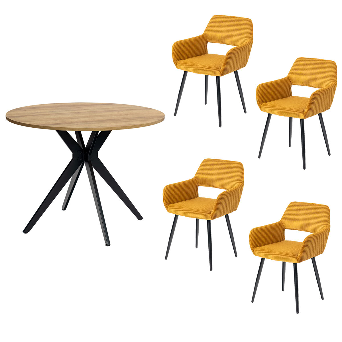 Meubles cosy conjunto mesa redonda mdf 100 cm e lote de 2 cadeiras em veludo cotelê, pernas de acier cruzadas, apoios de braços em arco, carvalho/mostarda