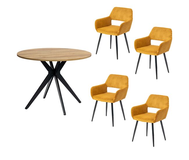 Meubles cosy conjunto mesa redonda mdf 100 cm e lote de 2 cadeiras em veludo cotelê, pernas de acier cruzadas, apoios de braços em arco, carvalho/mostarda