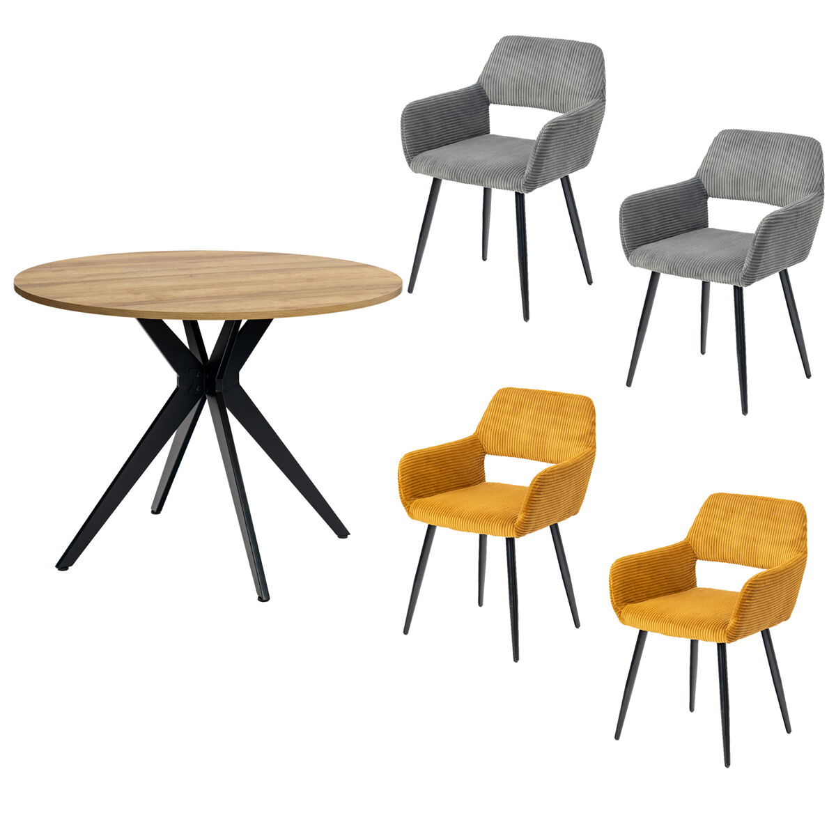 Meubles cosy conjunto mesa redonda mdf 100 cm e lote de 2 cadeiras em veludo cotelê, pernas de acier cruzadas, apoios de braços em arco, carvalho/mostarda/gris