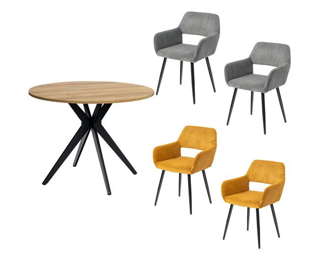 Meubles cosy conjunto mesa redonda mdf 100 cm e lote de 2 cadeiras em veludo cotelê, pernas de acier cruzadas, apoios de braços em arco, carvalho/mostarda/gris