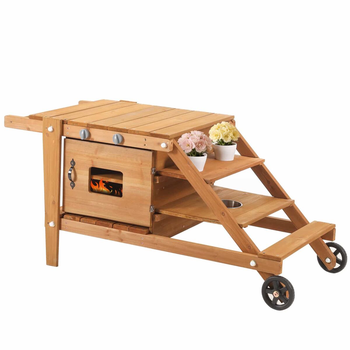 Cozinha infantil de exterior com rodas - cozinha de barro para crianças com acessórios, carrinho de comida em madeira, cozinha de jardim para crianças