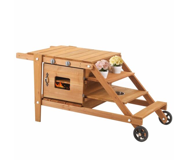 Cozinha infantil de exterior com rodas - cozinha de barro para crianças com acessórios, carrinho de comida em madeira, cozinha de jardim para crianças
