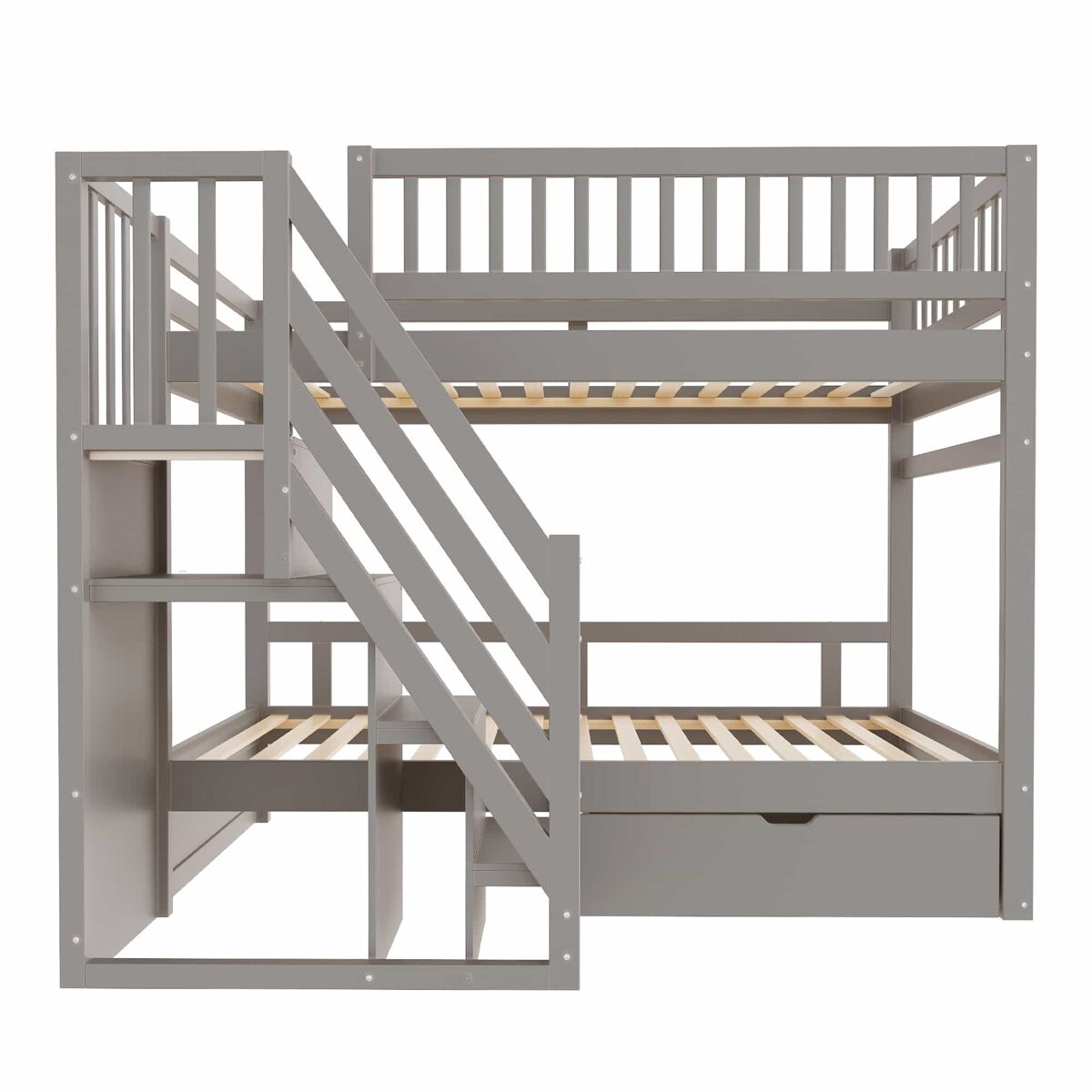 Cama beliche 90*200 cm - com painel de segurança alto, com estrado, escada de segurança com arrumação, com gavetas, cama infantil juvenil - cinza
