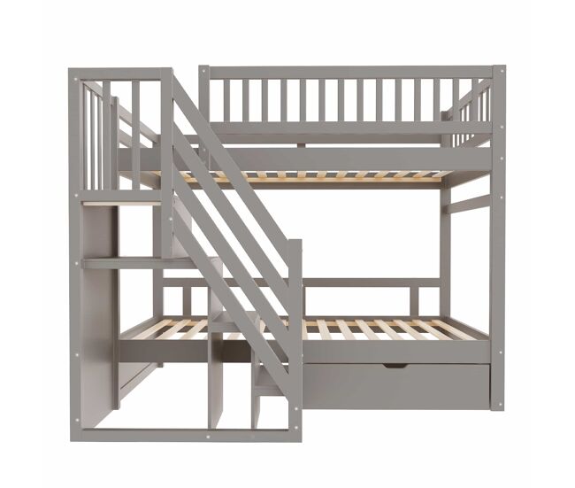 Cama beliche 90*200 cm - com painel de segurança alto, com estrado, escada de segurança com arrumação, com gavetas, cama infantil juvenil - cinza