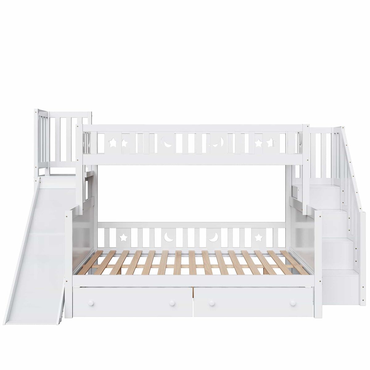 Cama infantil 90x200/140x200 cm - beliche em madeira maciça com escorregador, prateleira, 2 gavetas, branco