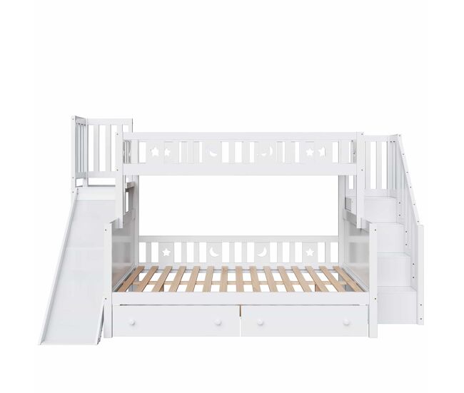 Cama infantil 90x200/140x200 cm - beliche em madeira maciça com escorregador, prateleira, 2 gavetas, branco