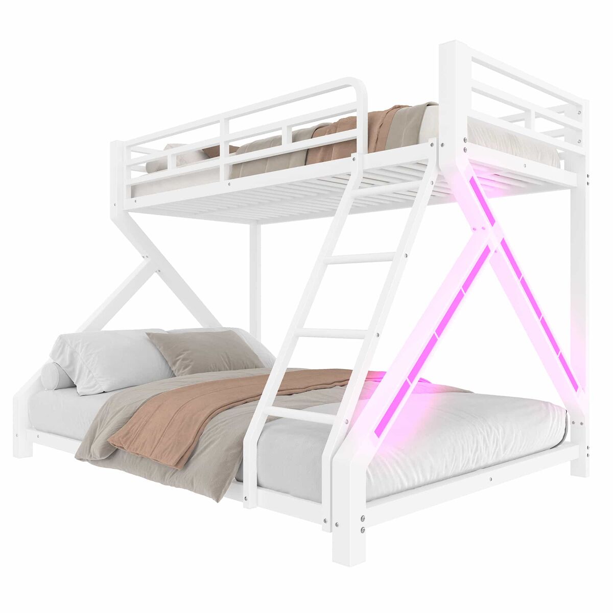Cama alta 90x200 cm, 140x200 cm - estrutura em ferro, com led, grade, escada, branca