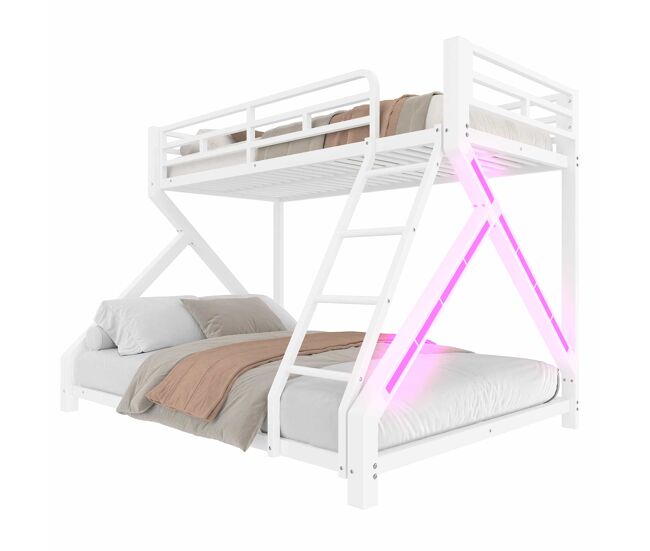Cama alta 90x200 cm, 140x200 cm - estrutura em ferro, com led, grade, escada, branca
