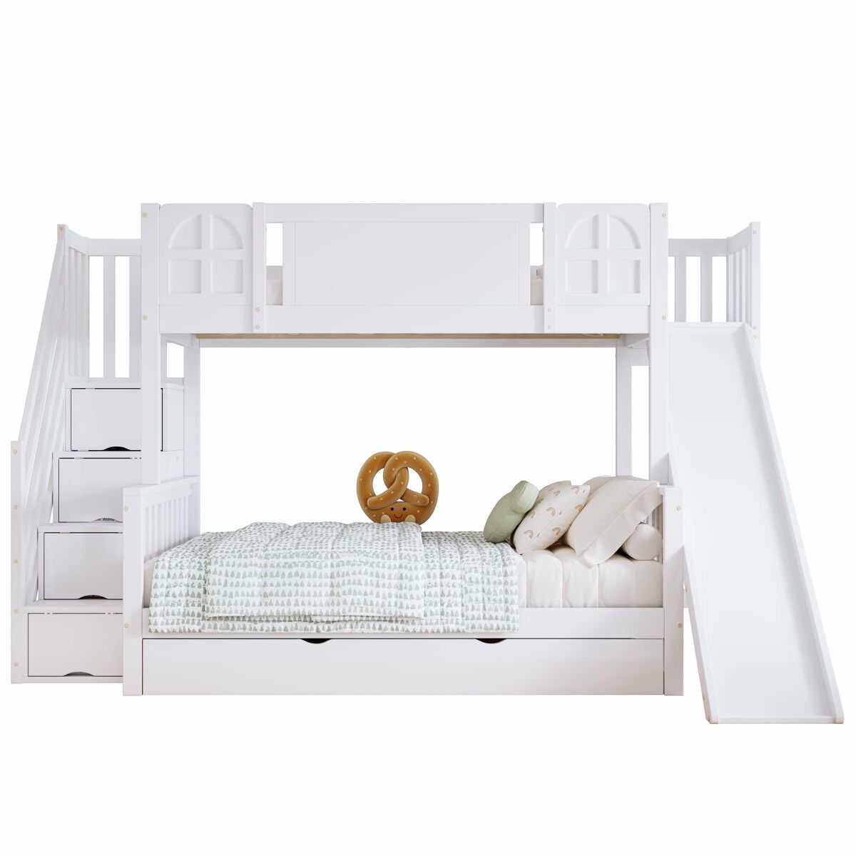 Beliche 90x200 cm - com janela, escorregador, gavetas com rodinhas, escada com corrimão e 4 compartimentos - branco