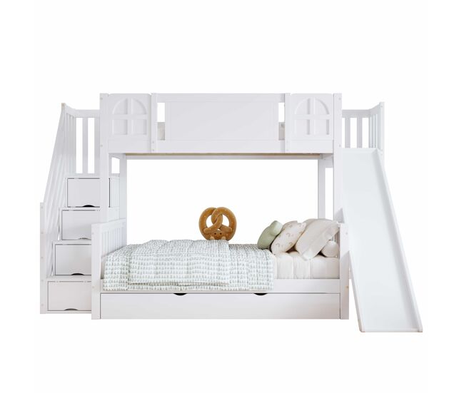 Beliche 90x200 cm - com janela, escorregador, gavetas com rodinhas, escada com corrimão e 4 compartimentos - branco