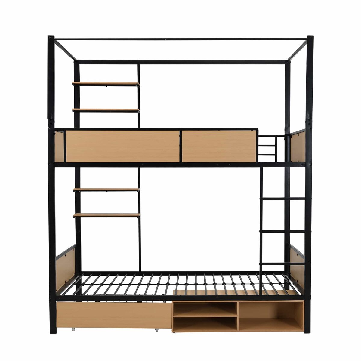 Cama alta 90x200 - cama de ferro + mdf, étagère lateral dupla, grades e escadas resistentes, arrumação debaixo da cama, cortina superior opcional - noir+natural